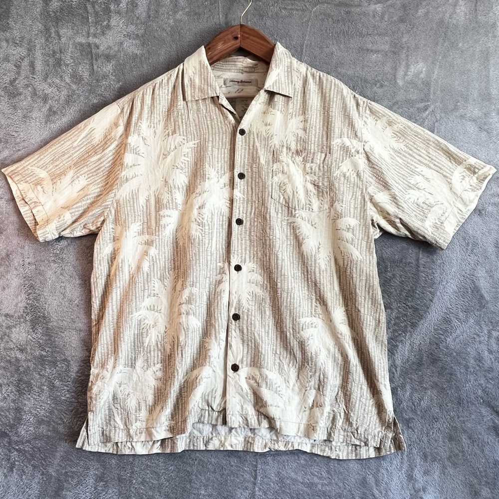 Tommy Bahama Button Down Mens XL Beige Silk Palm Tree Tropical Camp Shirt